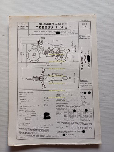 Beta Cross T 50 1974 Facsimile originale scheda omologazione DGM …