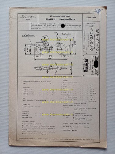 Bianchi 50 Super Aquilotto 1968 scheda omologazione DGM Facsimile Motorizzazione