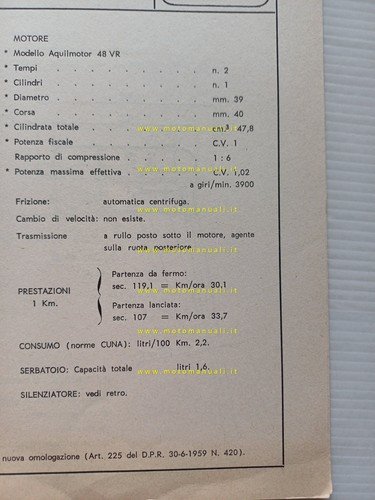 Bianchi 50 Super Aquilotto 1968 scheda omologazione DGM Facsimile Motorizzazione