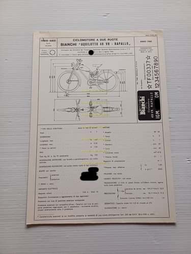 Bianchi Aquilotto 48 VR Rapallo 1960 Facsimile originale scheda omologazione …