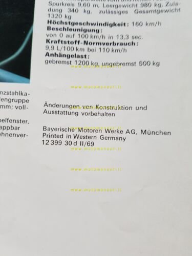 BMW 1600 Cabriolet modello 1969 depliant originale tedesco
