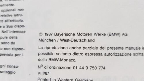 BMW 316-316i-318i-320i/CABRIO-325i/CABRIO/TOURING-325iX-324d/td manuale uso 1987