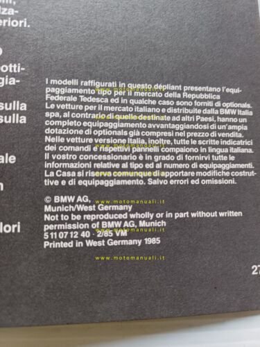 BMW 745i 735i Highline Executive 1985 depliant italiano originale