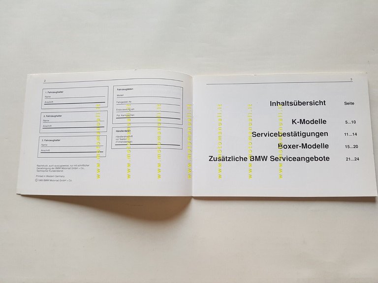 BMW serie K - serie Boxer SERVICEHEFT libretto tagliandi 1989 …