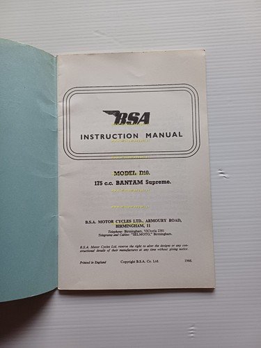 BSA Bantam Supreme 175 D10 1966 manuale uso manutenzione originale …