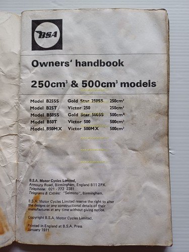 BSA modelli B25 - B50 250 500 1971 manuale uso …