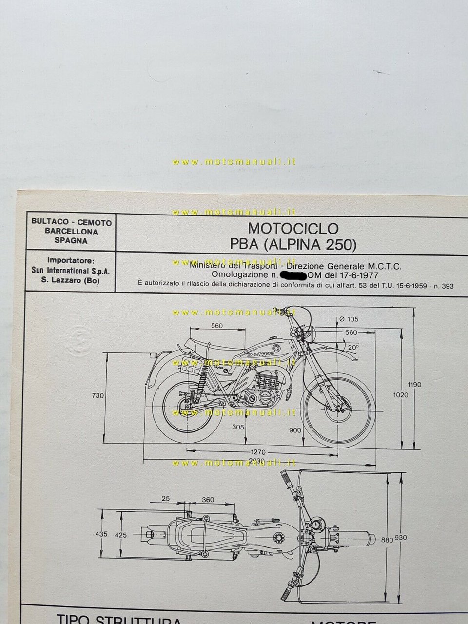Bultaco Alpina 250 1977 scheda omologazione DGM originale Motorizzazione