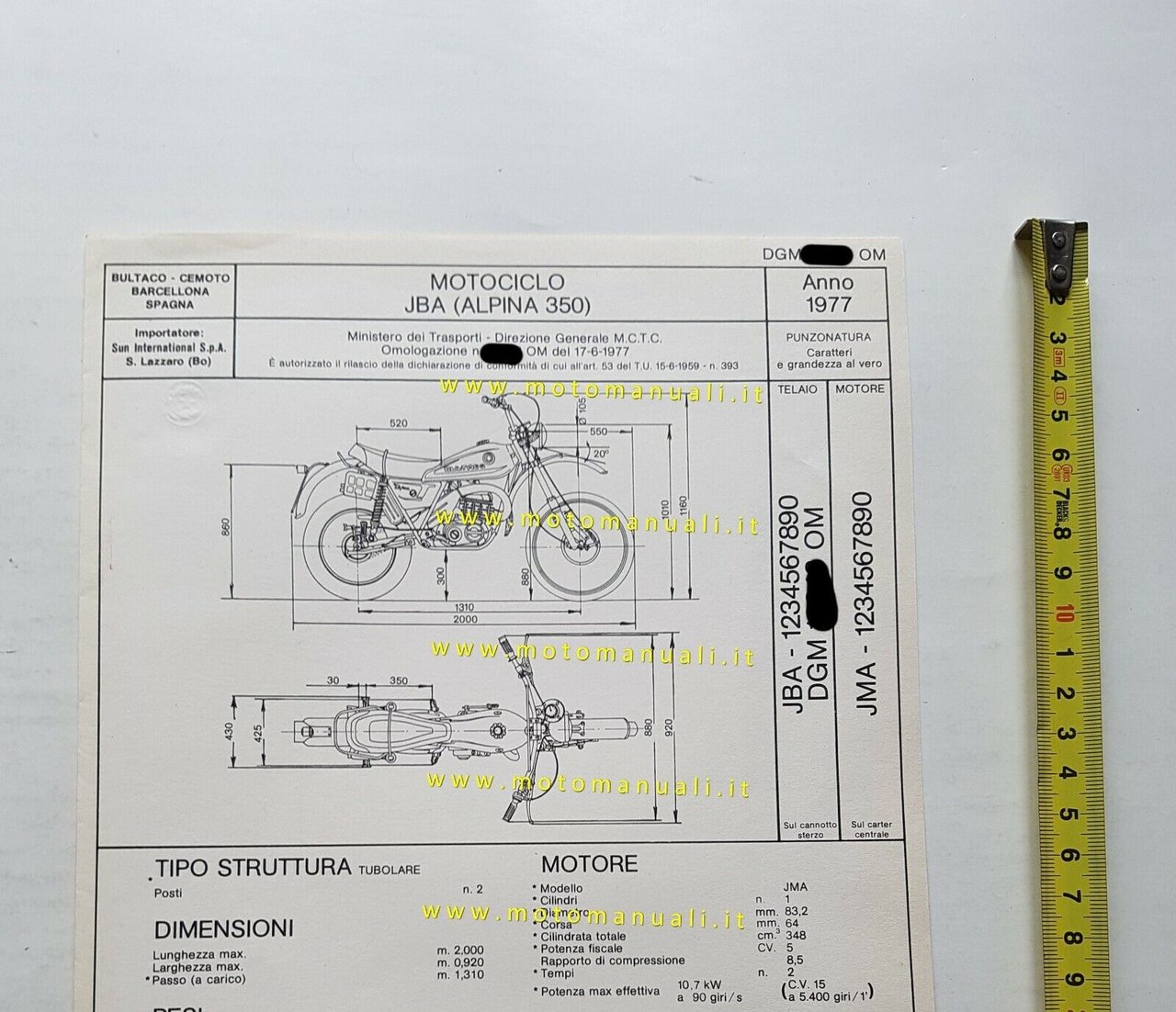 Bultaco Alpina 350 1977 scheda omologazione DGM originale Motorizzazione