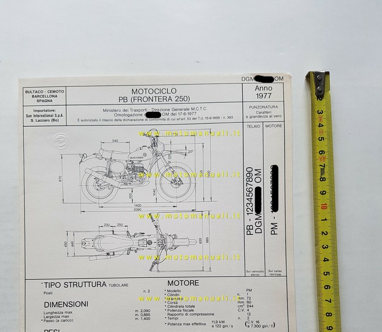 Bultaco Frontera 250 1977 scheda omologazione DGM originale Motorizzazione
