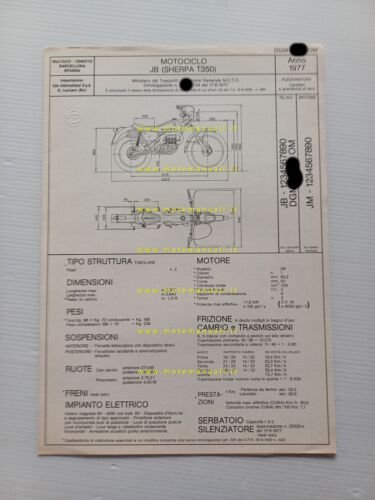 Bultaco Sherpa T 350 1977 scheda omologazione DGM Facsimile Motorizzazione