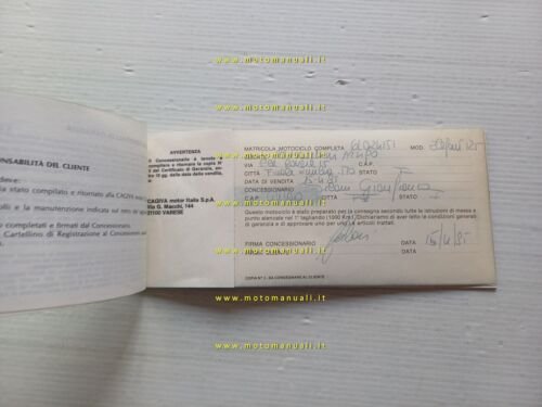 Cagiva Elefant 125 1985 libretto tessera garanzia originale USATO