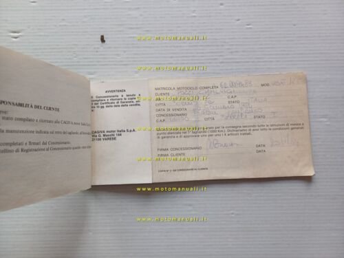 Cagiva SXT 125 1984 libretto tessera garanzia originale USATO