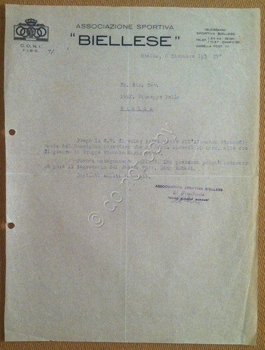 Carta Intestata - Biella - Associazione sportiva biellese - 1936 …