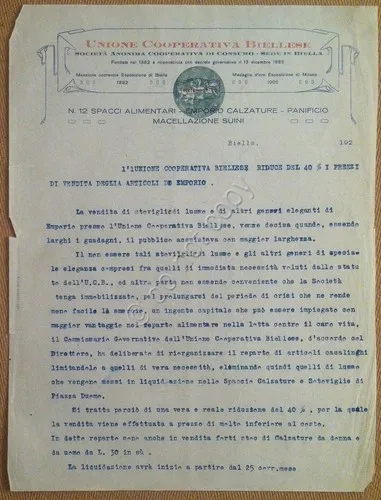 Carta Intestata - Biella - Unione Cooperativa Biellese - 1920 …