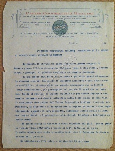 Carta Intestata - Biella - Unione Cooperativa Biellese - 1920 …