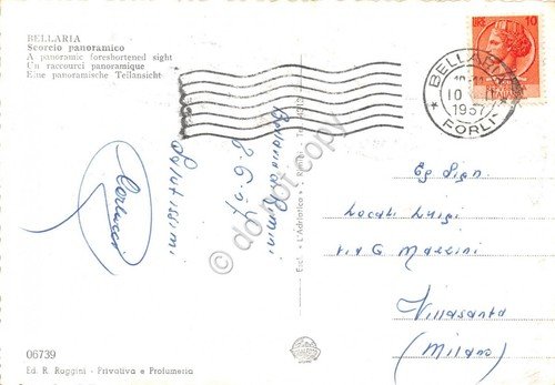 Cartolina - Bellaria panorama dal mare spiaggia 1957