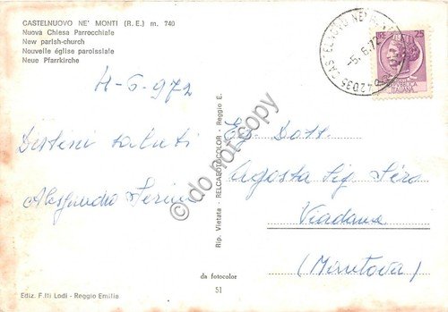 Cartolina - Castelnuovo ne' monti Chiesa parrocchiale auto d'epoca 1972