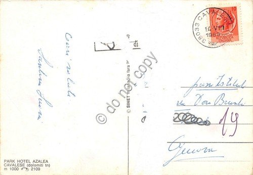 Cartolina - Cavalese Park Hotel Azalea 1968