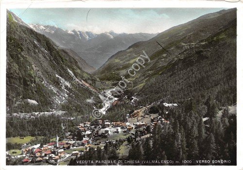Cartolina - Chiesa Valmalenco panorama verso Sondrio colorata
