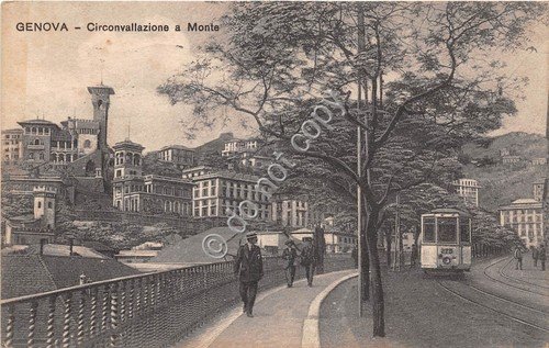 Cartolina - Genova Circonvallazione a Monte Animata Tram 1917