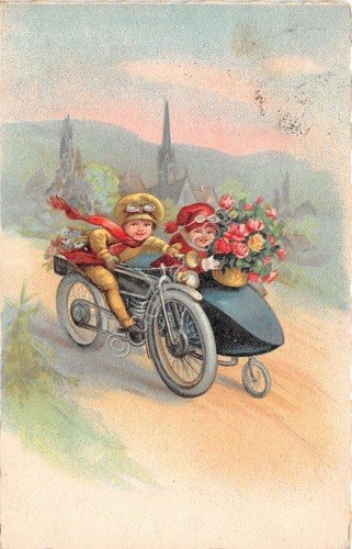 Cartolina - Illustrata - Bambini - sidecar - fiori - … | Immagine principale