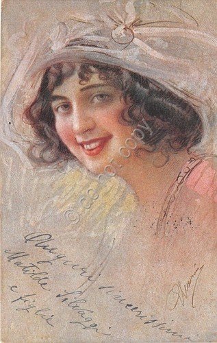Cartolina - Illustrata - Donnina - cappello - riccioli - …