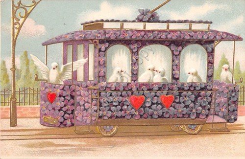 Cartolina - Illustrata - innamorati - Treno - cuori - …
