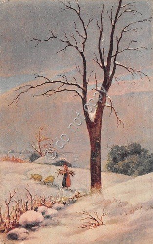 Cartolina - Illustrata Augurale paesaggio neve alberi contadina pecore 1932