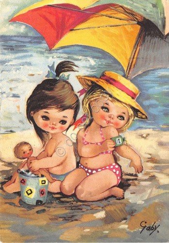Cartolina - Illustrata Gaby - Bambine al mare - 1962