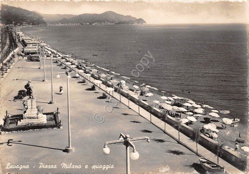 Cartolina - Lavagna - Piazza Milano - spiaggia - 1957 | Immagine principale