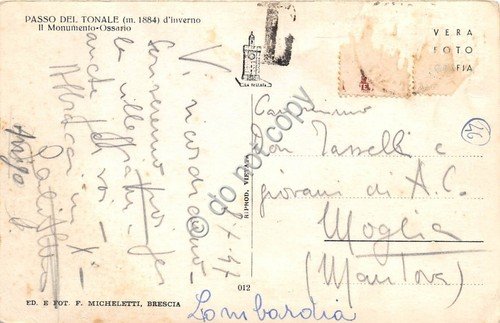 Cartolina - Passo del Tonale Monumento Ossario 1947