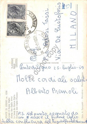 Cartolina - Ponte di Legno Lungo il fiume Oglio 1959