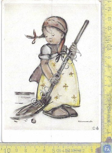 Cartolina - Postcard - Illustrata Hummel - Bambina con scopa | Immagine principale