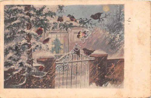 Cartolina - Postcard - illustrata innamorati passeri su cancello con … | Immagine principale