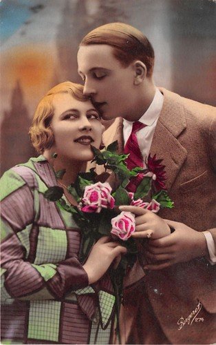 Cartolina - Postcard - Innamorati - abito verde - fiori …