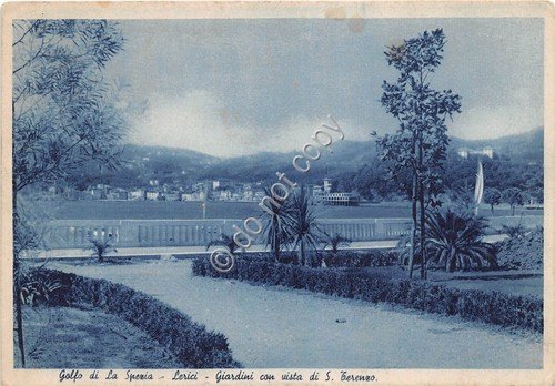 Cartolina - Postcard - Lerici giardini con S. Terenzo 1953 | Immagine principale