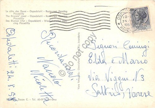 Cartolina - Postcard - Ospedaletti Ristorante Dancing Piccadilly1958 | Immagine Gallery 2