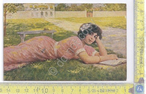 Cartolina - Postcard -Illustrata - acquarello - Donna sull'erba - … | Immagine principale
