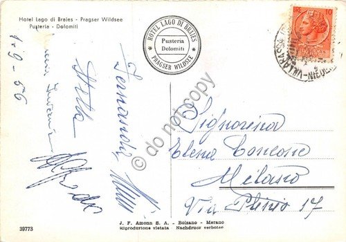 Cartolina - Pusteria Hotel Lago di Braies 1956