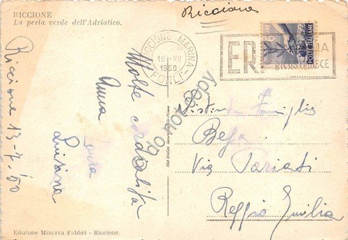 Cartolina - Riccione Spiaggia barca a vela animata 1950