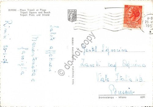 Cartolina - Rimini lungomare Piazza Tripoli spiaggia 1957