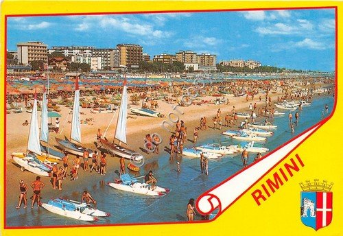 Cartolina - Rimini spiaggia barca a vela 1986