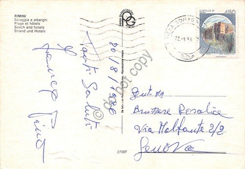 Cartolina - Rimini spiaggia barca a vela 1986