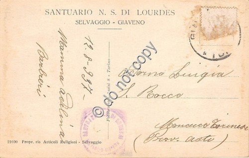 Cartolina - Selvaggio Giaveno Santuario N.S. di Lourdes vedutine 1937