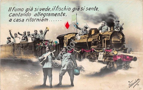 Cartolina - treno con soldati al ritorno dalla guerra bandiera …
