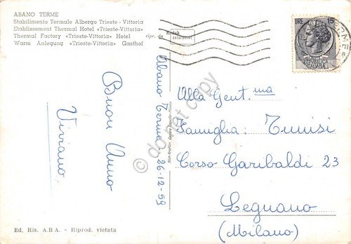 Cartolina Abano Terme Stabilimento Termale Albergo Trieste Vittoria 1959