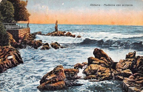 Cartolina Abbazia Madonna con scirocco illustrata 1928 danneggiata | Immagine principale