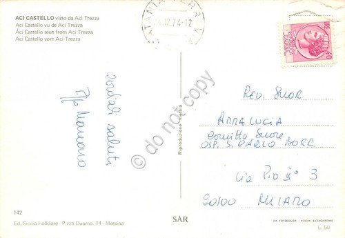 Cartolina Aci Castello panorama da Aci Trezza 1974 (Catania)