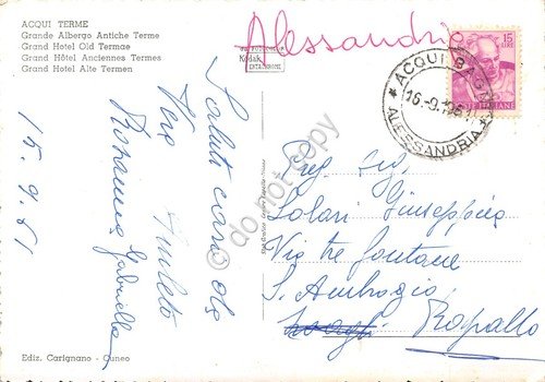 Cartolina Acqui Terme Grande Albergo Antiche Fonti 1961 colorata