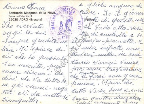 Cartolina Adro Santuario Madonna della Neve panorama da elicottero (Brescia)